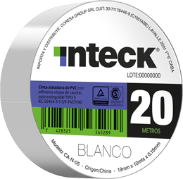 Cinta adhesiva PVC - blanca 20 metros – Inteck CA-B-20