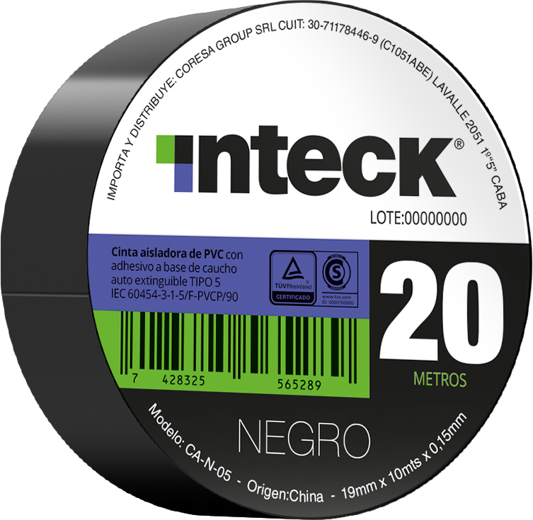 Cinta adhesiva PVC - negra 20 metros – Inteck CA-N-20