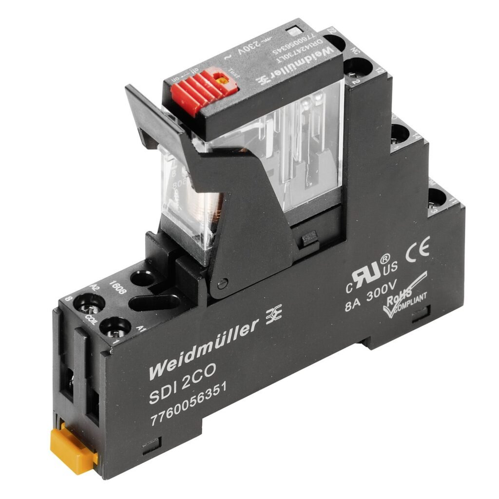 Rele 2 INV, In : 5 A, ancho 15,8 mm, incluye zócalo – Weidmüller DRIKIT 230VAC 2CO LD/PB