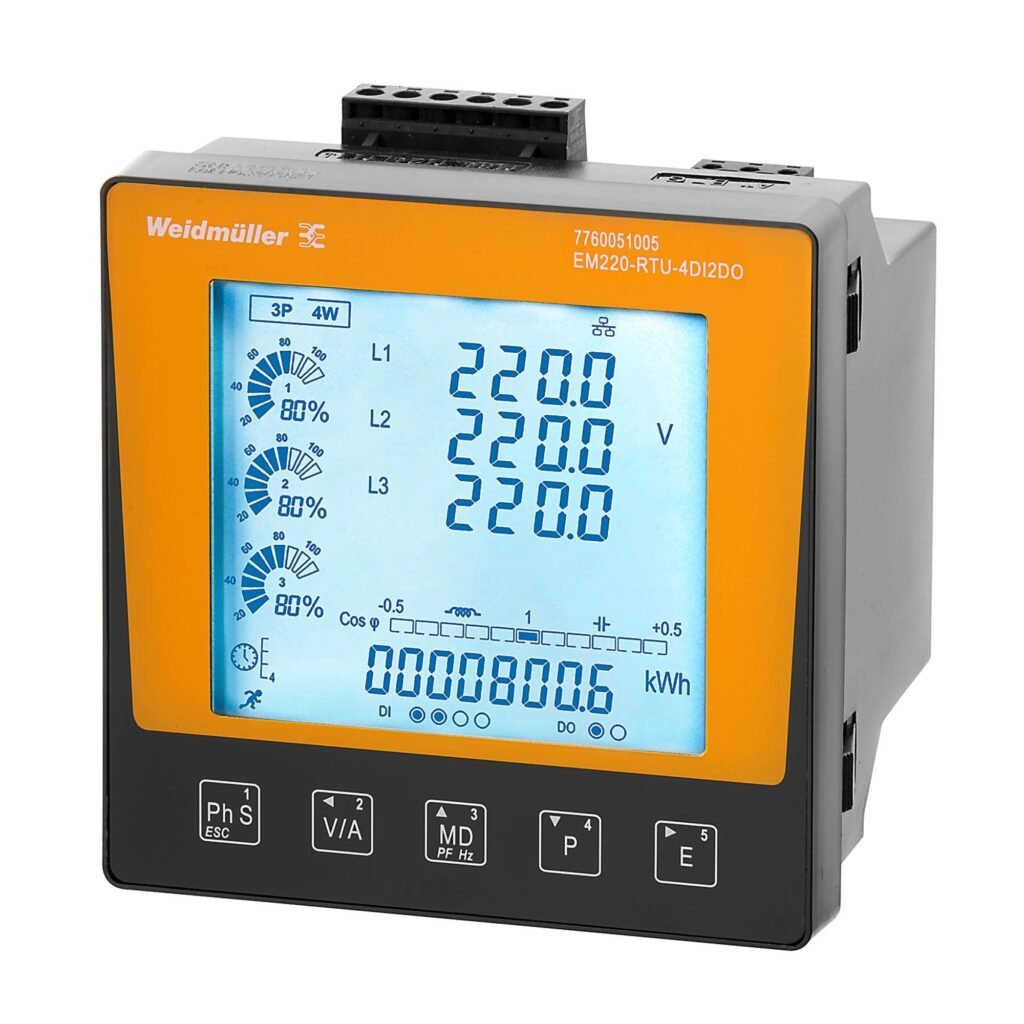 Multimedidor medición/visualización de potencia de la red monofásica, trifásica, uso de CT, salida de impulso, entrada/salida digital, Modbus RTU – Weidmüller EM220-RTU-4DI2DO