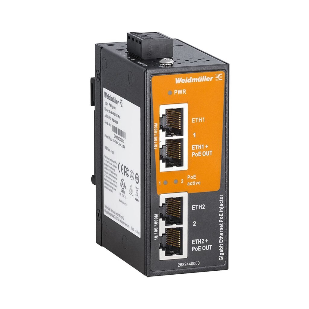Inyector PoE, Gigabit Ethernet, Número de puertos: 2x RJ45 10/100/1000BaseT(x), 2x RJ45 10/100/1000 BaseT(x) PoE+, IP30, -40 °C...75 °C IE-INJ-EL02-2GTPOE – Weidmüller