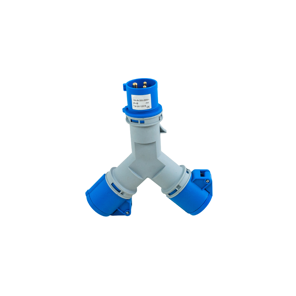 Toma prolongador doble 1P+N+T, 6H, 16A, 220V, IP44, azul – Inteck IFI-TPD3-16A220V-IP44