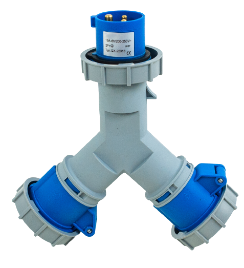 Toma prolongador doble 1P+N+T, 6H, 16A, 220V, IP67, azul – Inteck IFI-TPD3-16A220V-IP67