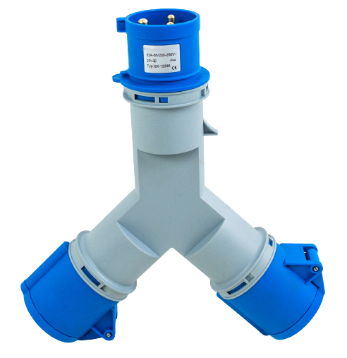 Toma prolongador doble 1P+N+T, 6H, 32A, 220V, IP44, azul – Inteck IFI-TPD3-32A220V-IP44