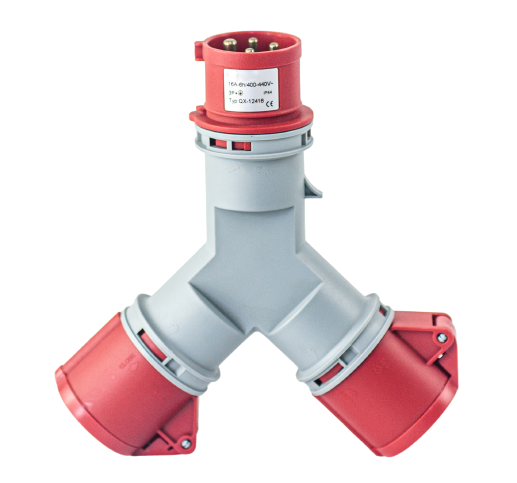 Toma prolongador doble 3P+T, 6H, 16A, 380V, IP44, rojo – Inteck IFI-TPD4-16A380V-IP44