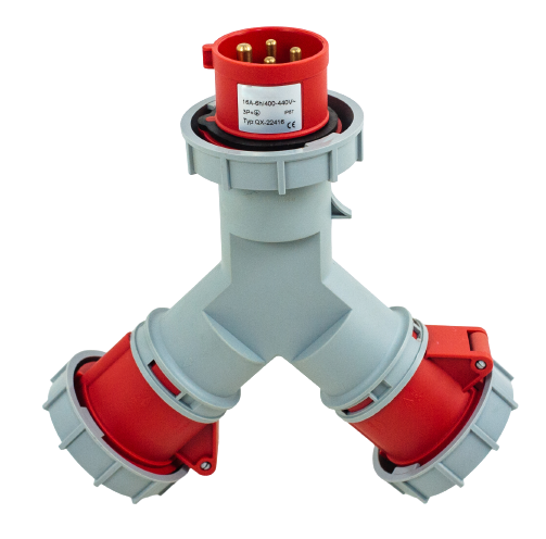 Toma prolongador doble 3P+T, 6H, 16A, 380V, IP67, rojo – Inteck IFI-TPD4-16A380V-IP67