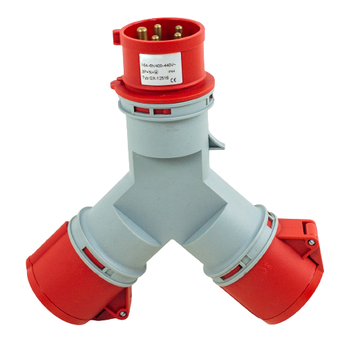 Toma prolongador doble 3P+N+T, 6H, 16A, 380V, IP44, rojo – Inteck IFI-TPD5-16A380V-IP44