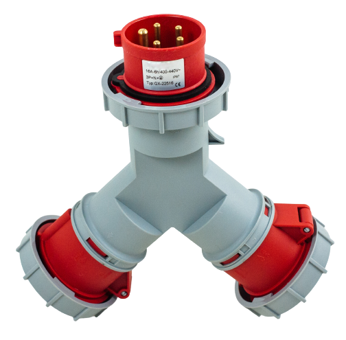 Toma prolongador doble 3P+N+T, 6H, 16A, 380V, IP67, rojo – Inteck IFI-TPD5-16A380V-IP67