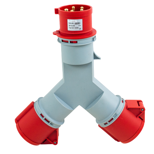 Toma prolongador doble 3P+N+T, 6H, 32A, 380V, IP44, rojo – Inteck IFI-TPD5-32A380V-IP44