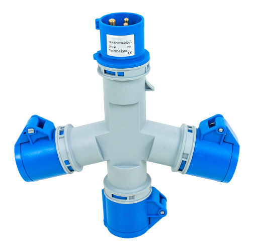 Toma prolongador triple 1P+N+T, 6H, 16A, 220V, IP44, azul – Inteck IFI-TPT3-16A220V-IP44