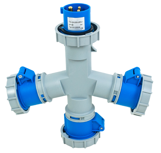 Toma prolongador triple 1P+N+T, 6H, 16A, 220V, IP67, azul – Inteck IFI-TPT3-16A220V-IP67