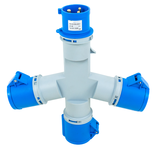 Toma prolongador triple 1P+N+T, 6H, 32A, 220V, IP44, azul – Inteck IFI-TPT3-32A220V-IP44