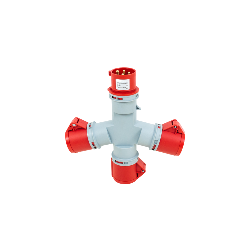Toma prolongador triple 3P+T, 6H, 16A, 380V, IP44, rojo – Inteck IFI-TPT4-16A380V-IP44