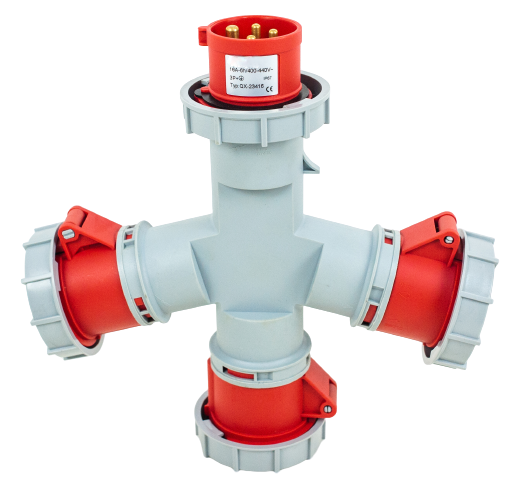 Toma prolongador triple 3P+T, 6H, 16A, 380V, IP67, rojo – Inteck IFI-TPT4-16A380V-IP67