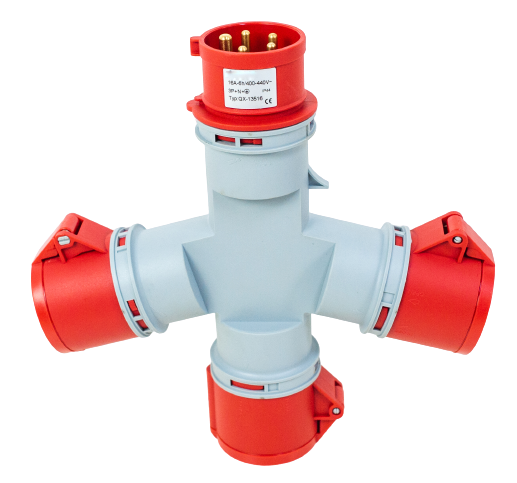 Toma prolongador triple 3P+N+T, 6H, 16A, 380V, IP44, rojo – Inteck IFI-TPT5-16A380V-IP44