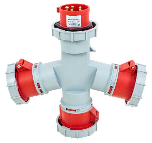 Toma prolongador triple 3P+N+T, 6H, 16A, 380V, IP67, rojo – Inteck IFI-TPT5-16A380V-IP67