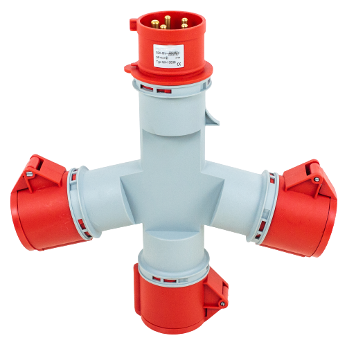 Toma prolongador triple 3P+N+T, 6H, 32A, 380V, IP44, rojo – Inteck IFI-TPT5-32A380V-IP44