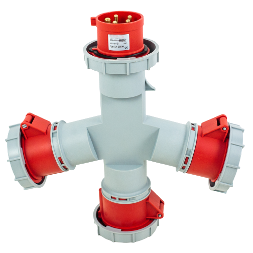Toma prolongador triple 3P+N+T, 6H, 32A, 380V, IP67, rojo – Inteck IFI-TPT5-32A380V-IP67