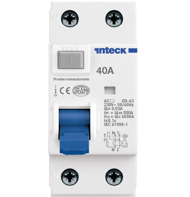 Interruptor Diferencial 2 polos IID-63 - 40A - 30mA - Clase AC - 6kA – Inteck IID-63 2P 40A 30mA AC 6kA