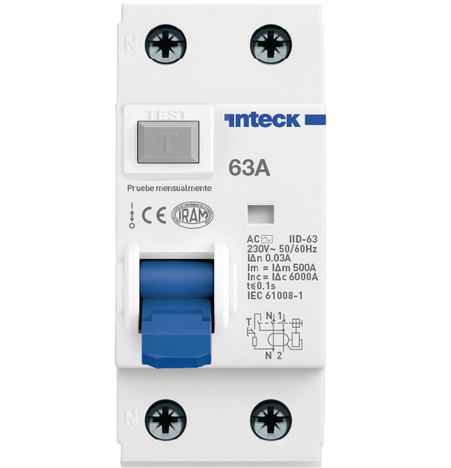 Interruptor Diferencial 2 polos IID-63 - 63A - 30mA - Clase AC - 6kA – Inteck IID-63 2P 63A 30mA AC 6kA
