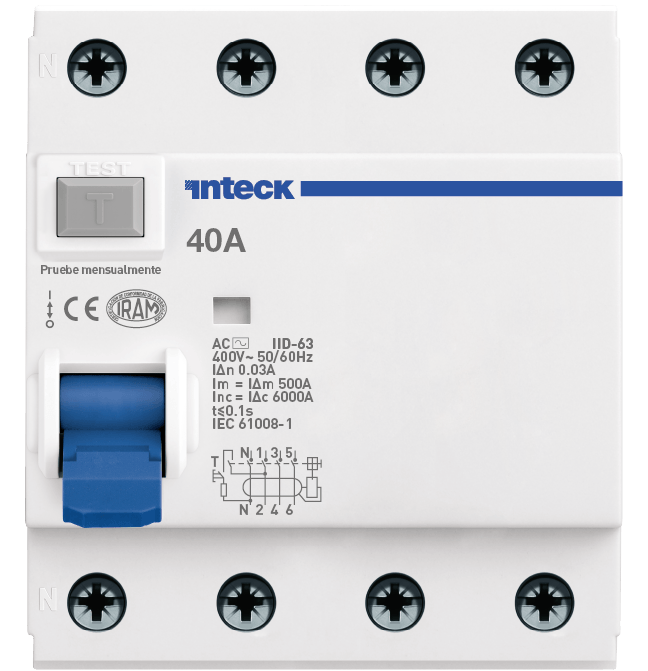 Interruptor Diferencial 4 polos IID-63 - 40A - 30mA - Clase AC - 6kA – Inteck IID-63 4P 40A 30mA AC 6kA