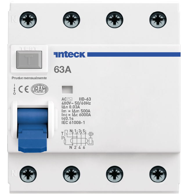 Interruptor Diferencial 4 polos IID-63 - 63A - 30mA - Clase AC - 6kA – Inteck IID-63 4P 63A 30mA AC 6kA