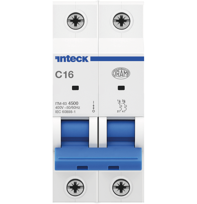 Interruptor Termomagnético ITM-63, In:16A, Icn:4,5KA, Curva C, 2-polos – Inteck ITM-63 2P C16 4.5KA